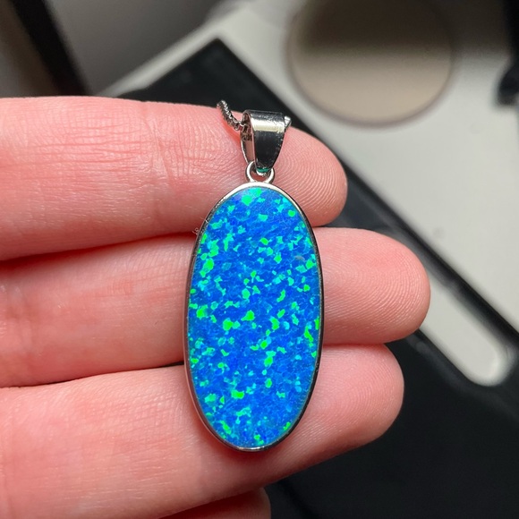 Blue Fire Opal Doublet Pendant Necklace Stainless Steel Chain Large Opal Pendant - Picture 5 of 6